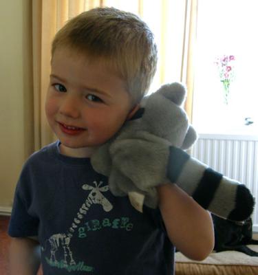 My grandson with his racoon puppet that I made
